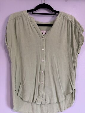 LOFT Light Sage Green Short Sleeve Button-Down Blouse